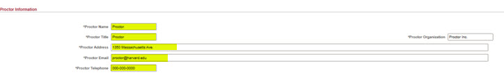 The section of the form that asks for proctor contact information.