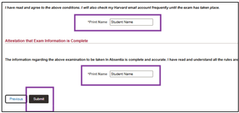 The portion of the form that lists the rules and regulations of in absentia exams. Also shows with purple boxes where the student sign the form and submits it.