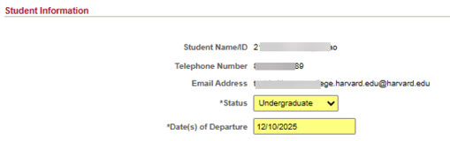 The first part of the form that the student fills out.